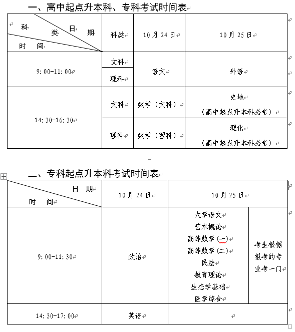 2020年全国成人高校招生统一考试时间表